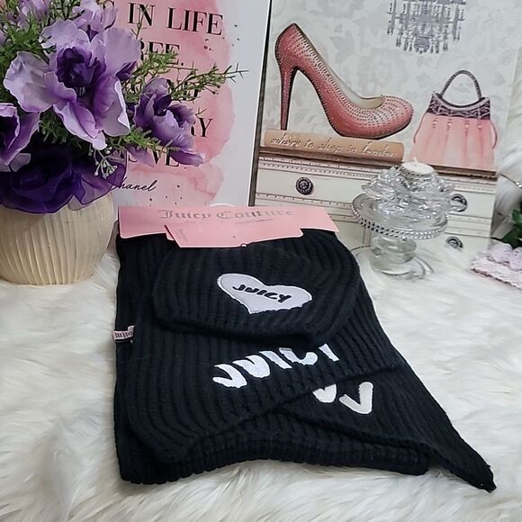 902 JUICY COUTURE BLACK SCARF & BEANIE SET NWT - Picture 2 of 7